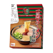 一兰拉面博多细面5食入包装盒，展示了浓郁豚骨汤底、细面、叉烧、葱花及秘制辣粉的成品效果图，配有标志性的红绿条纹设计。
