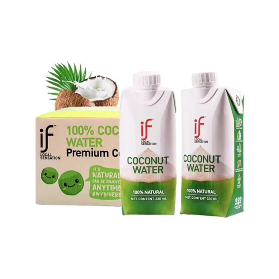 IF品牌100%天然椰子水特惠组展示，包含两瓶330ml椰子水及背景中的原装纸箱，配有新鲜椰子装饰图。