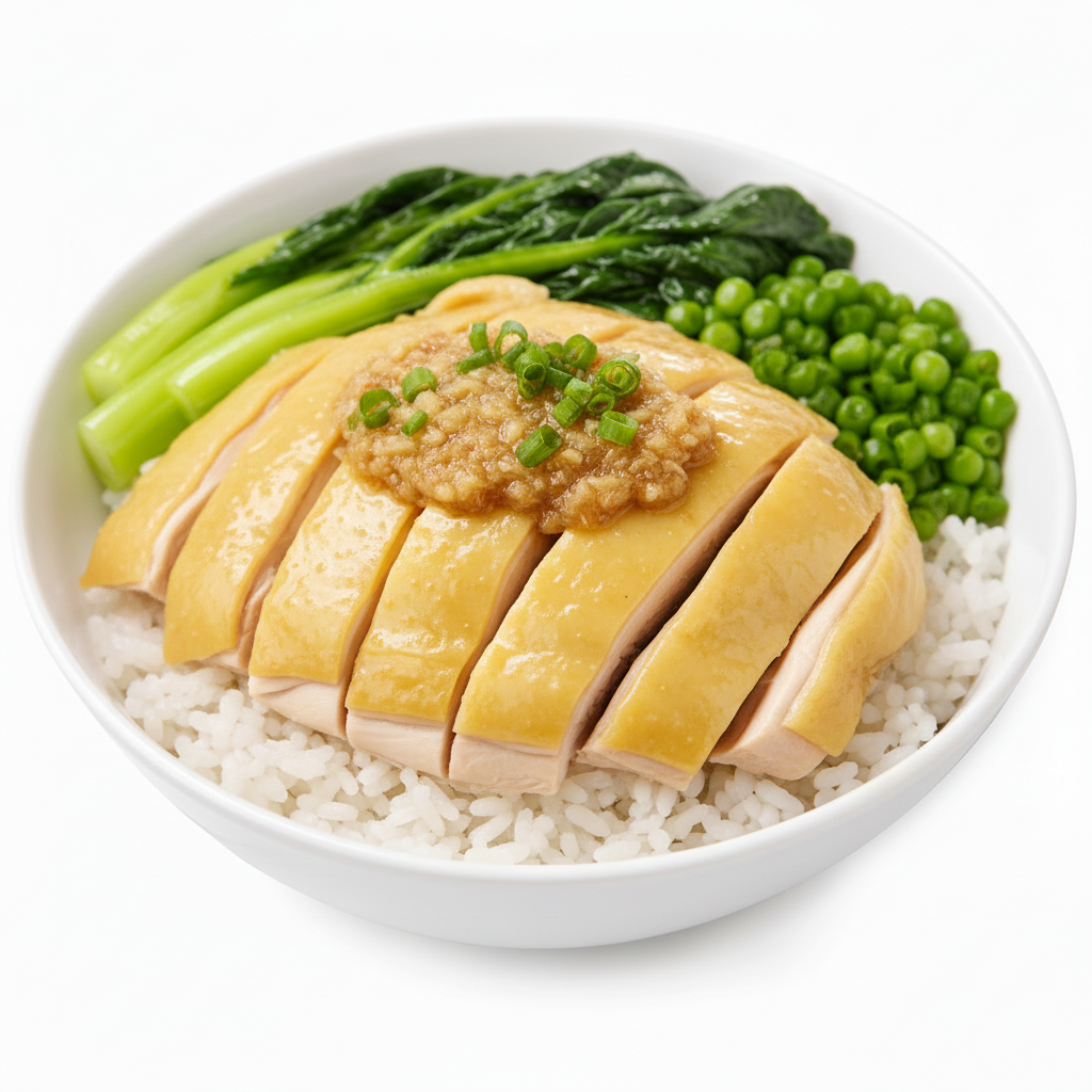港式經典燒雞飯，白斬雞搭配白飯及時蔬