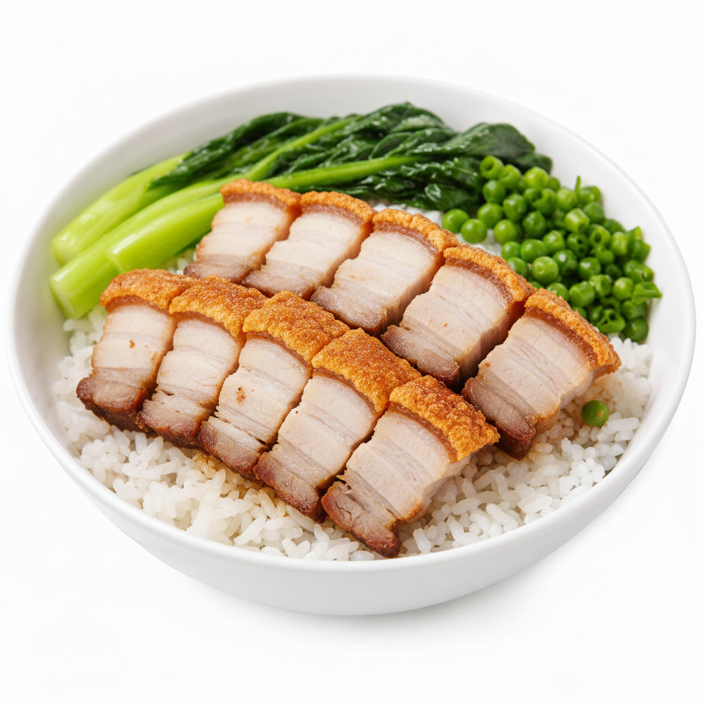 港式經典燒肉飯，脆皮燒肉搭配白飯及時蔬