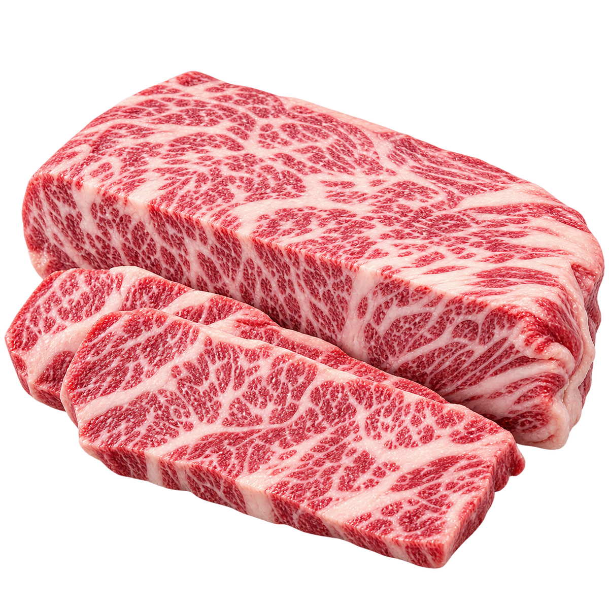 Stockyard Kiwami MB9+ 澳洲和牛胸口盖，整块牛肉与切片展示细密丰富的雪花油脂纹理