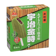 井村屋宇治金时抹茶红豆夹心雪糕包装盒，展示了抹茶外皮包裹红豆内芯的雪糕图案，一盒6支装。