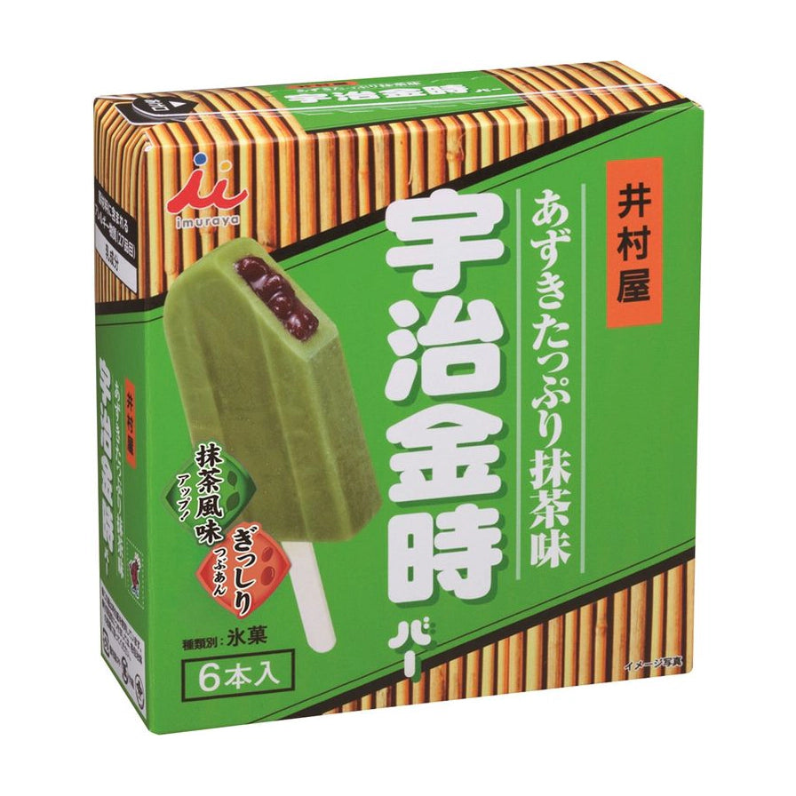 井村屋宇治金时抹茶红豆夹心雪糕包装盒，展示了抹茶外皮包裹红豆内芯的雪糕图案，一盒6支装。