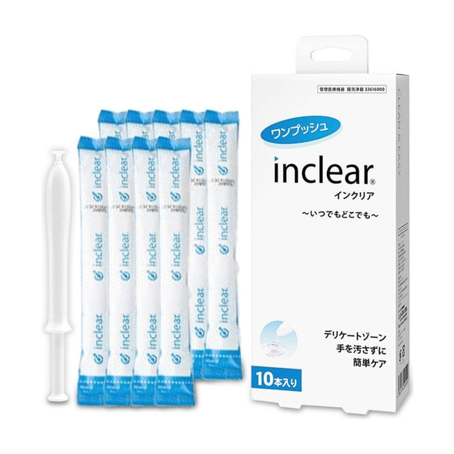 inclear日本产女性私处护理杀菌凝胶10支装白色外盒，旁边展示了多支蓝色独立包装的推管式凝胶。