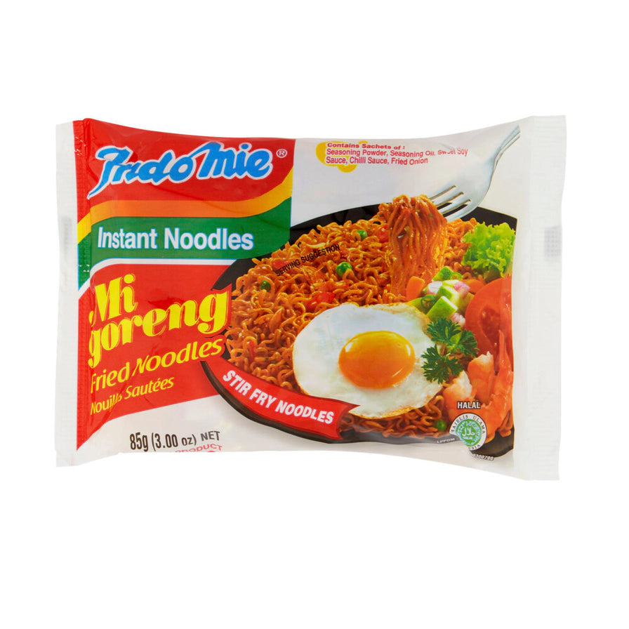 Indomie印尼营多捞面原味炒面85克单包装正面，展示了品牌Logo、Mi Goreng产品名以及诱人的炒面配荷包蛋食用建议图。