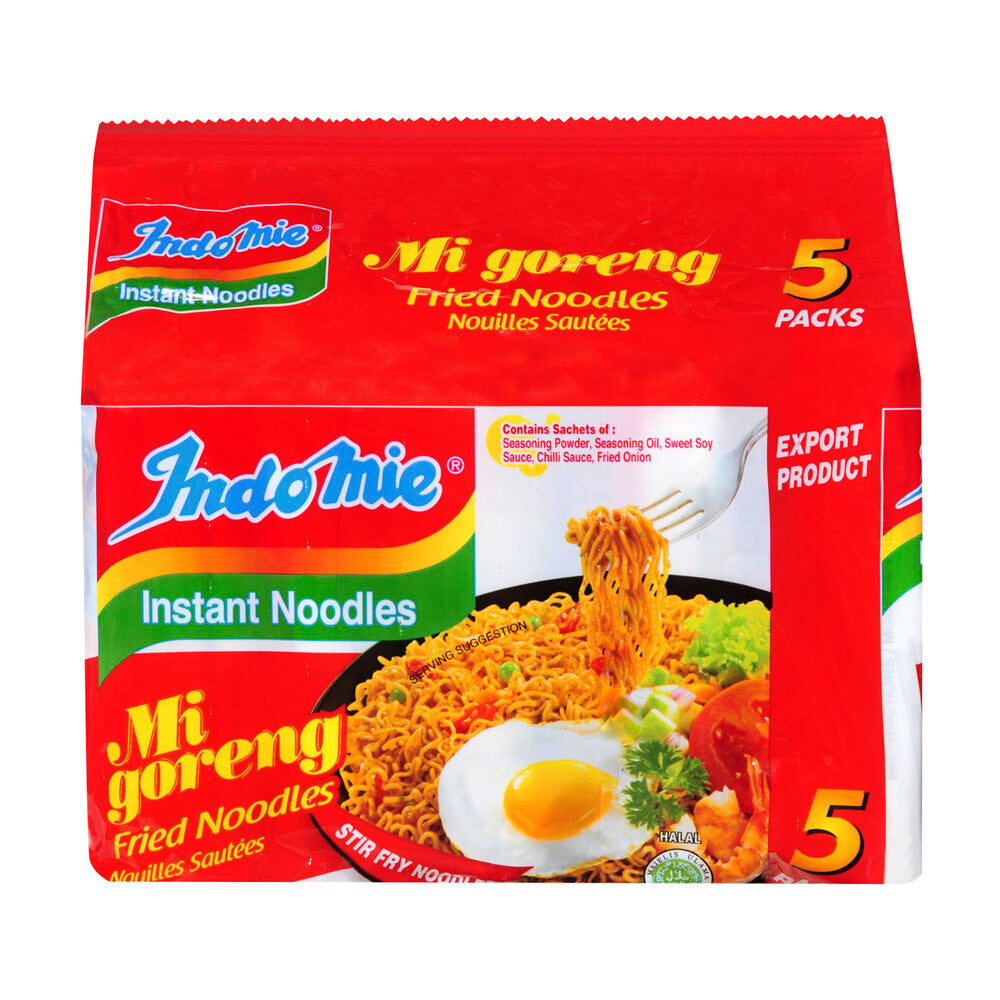 Indomie 营多捞面原味五连包包装正面，展示经典干拌面产品外观