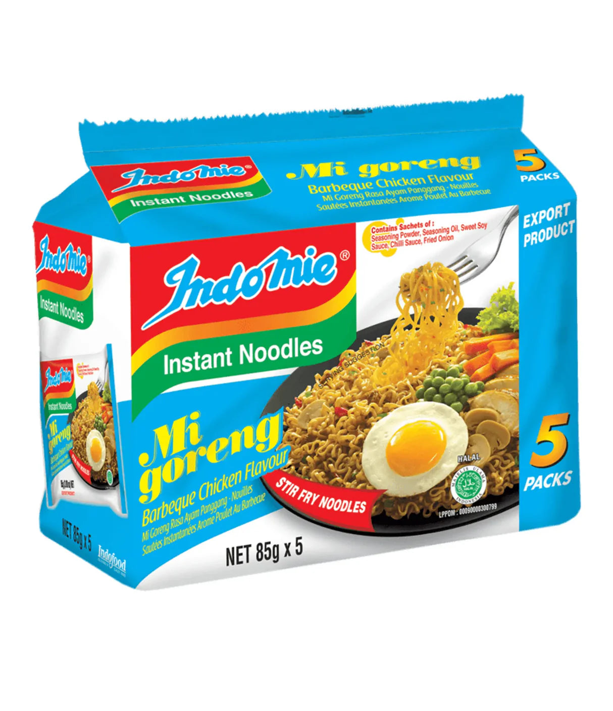 Indomie 营多捞面烤鸡味五连包包装正面，展示特色风味产品外观