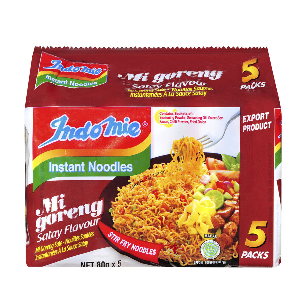 Indomie 营多捞面沙茶味五连包包装正面，展示东南亚风味产品外观