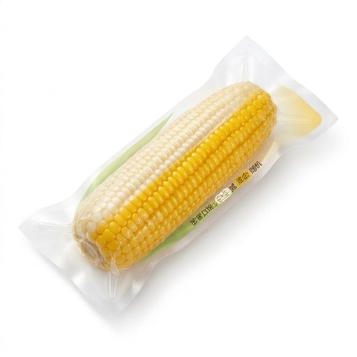 即食玉米单支包装正面展示，开袋即食的便捷早餐或零食