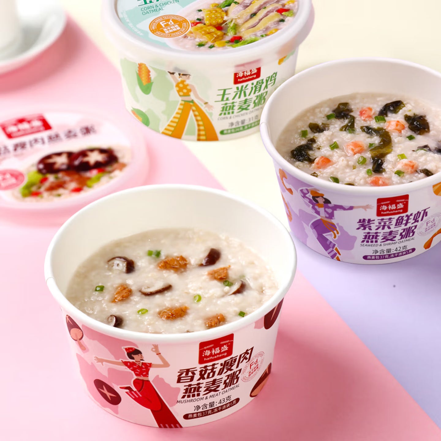 海福盛冻干燕麦粥 10 杯混合装包装展示，包含香菇瘦肉与紫菜鲜虾两种口味