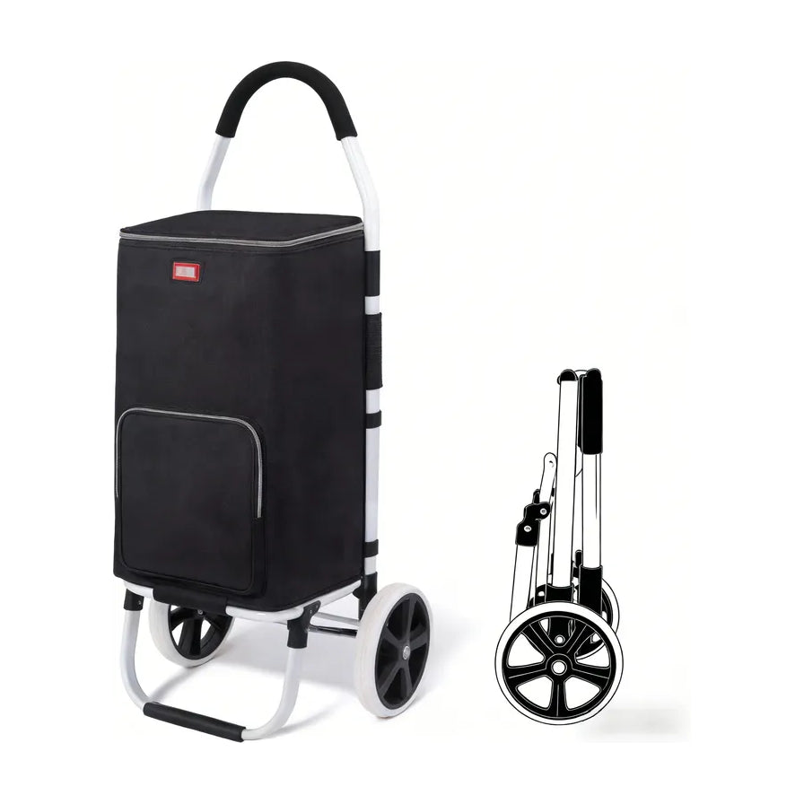 黑色两轮恒温购物车正面展示，配有白色金属框架、大直径橡胶轮和折叠后的线稿示意图。