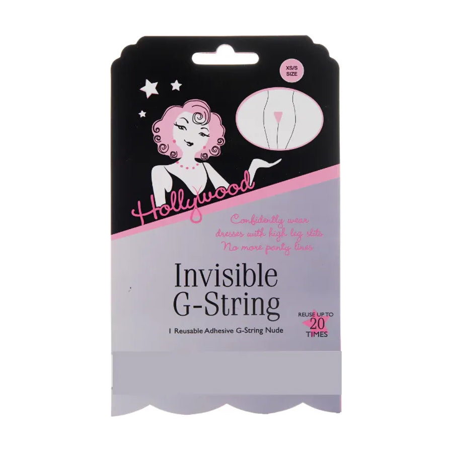 好莱坞隐形 G 带肉色款产品包装正面图，黑粉配色设计，展示可重复使用 20 次标识。