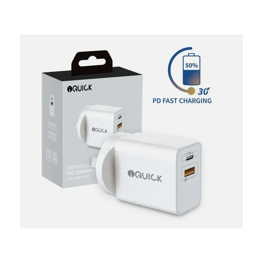 iQUICK 20W PD 快充充电器白色机身与包装盒，展示 USB - C 和 USB - A 双接口设计，背景带有 50% 充电进度图标及 PD FAST CHARGING 文字。