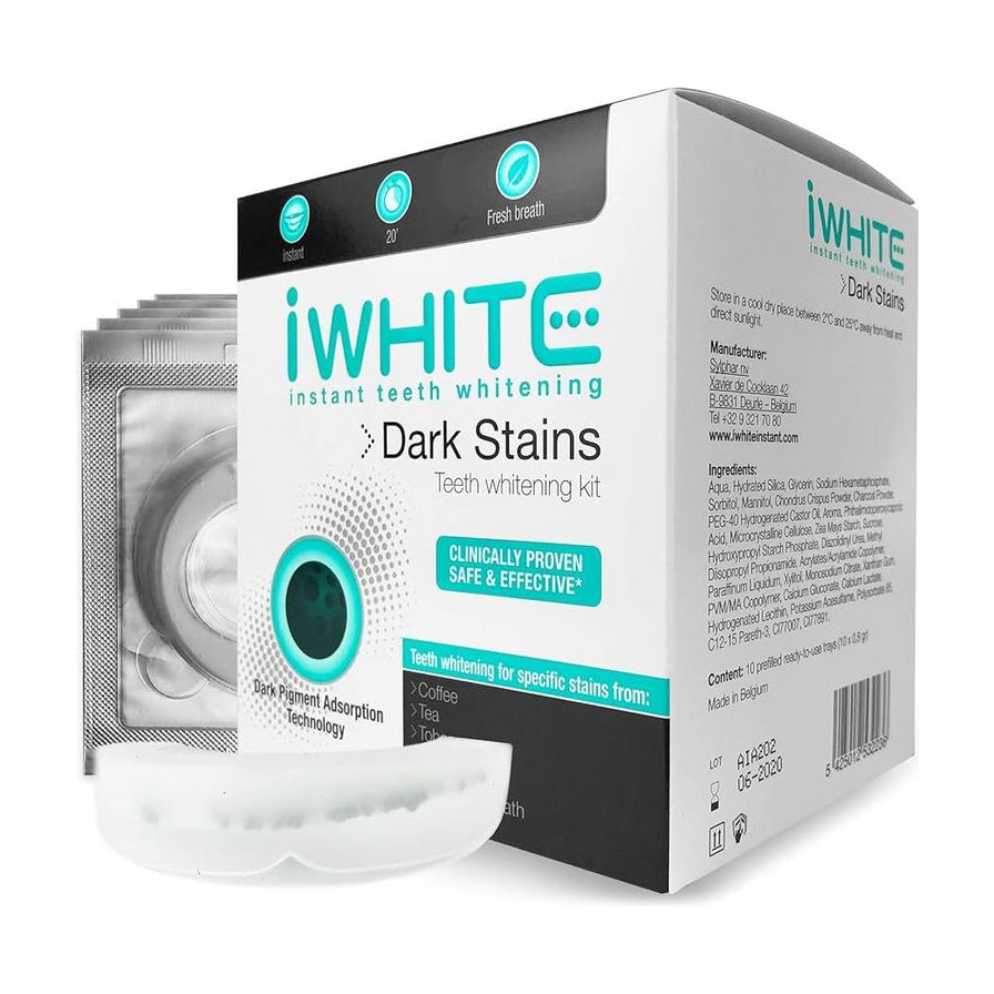 iWhite Dark Stains 牙齿美白套装产品图，展示包装盒、独立包装贴片及透明牙托。