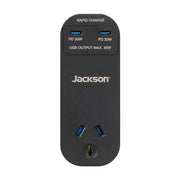 Jackson 杰克逊黑色 20W USB - C 快速充电墙插适配器正面图，展示双 USB - C 接口及下方三脚插座孔位。