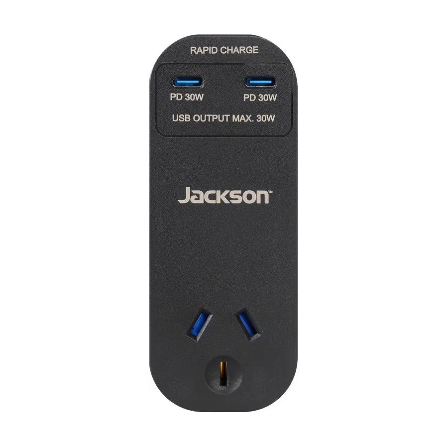 Jackson 杰克逊黑色 20W USB - C 快速充电墙插适配器正面图，展示双 USB - C 接口及下方三脚插座孔位。