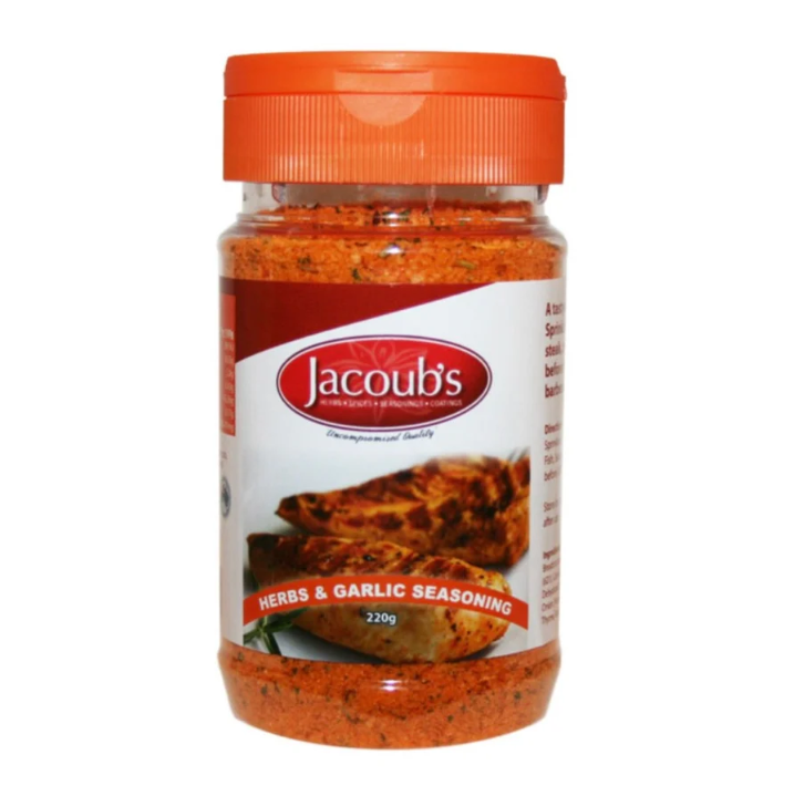 Jacoubs 蒜蓉香料烧烤料瓶身，含有浓郁蒜香与草本，适合搭配猪肉或海鲜。