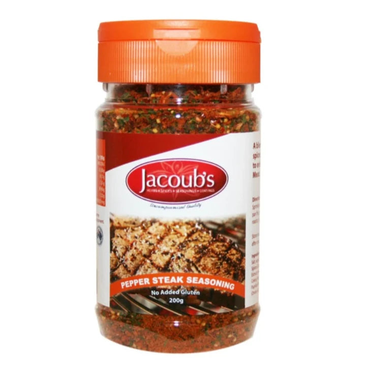Jacoubs 胡椒牛排调料瓶，黑胡椒颗粒清晰可见，适合煎牛排或炒牛肉粒。