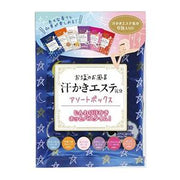 日本泡澡粉混合六袋入产品包装正面图，蓝色星空背景设计，展示六种不同香型的小袋组合。