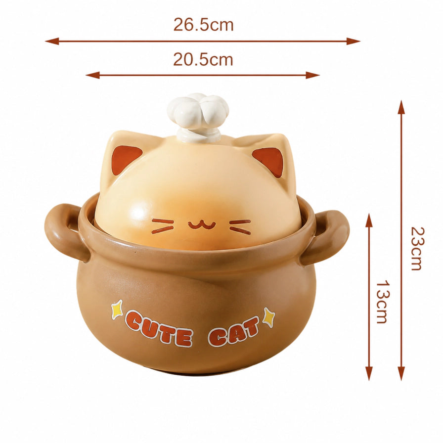 日式猫咪砂锅尺寸标注图，显示锅体宽度20.5cm至26.5cm，高度13cm至23cm。