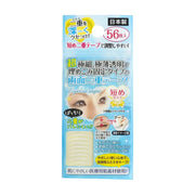日本双眼皮贴短版产品包装正面图，蓝色背景，显示 56 枚入及眼部使用示意图。