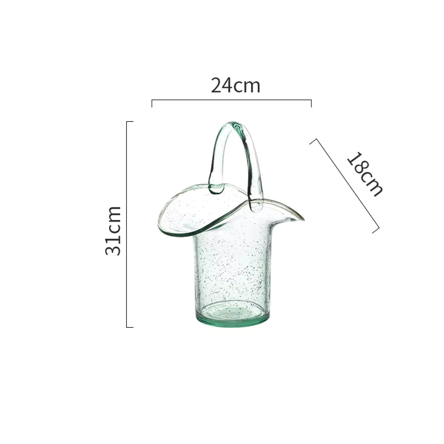 日式玻璃提篮花瓶的尺寸标注图，显示高度31cm，宽度24cm，深度18cm。