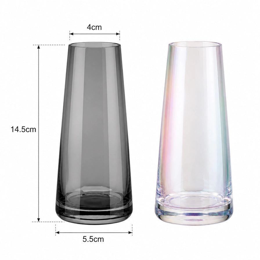 日式玻璃花瓶尺寸标注图，显示高度约为14.5cm，瓶口直径4cm，底部直径5.5cm。