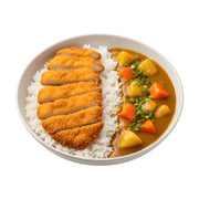 一碗日式咖喱饭，包含切成条状的酥脆炸猪排、白米饭以及带有土豆和胡萝卜块的浓郁咖喱酱，撒有葱花装饰，白色背景。