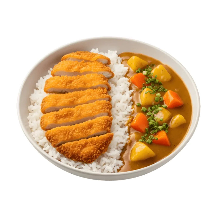 一碗日式咖喱饭，包含切成条状的酥脆炸猪排、白米饭以及带有土豆和胡萝卜块的浓郁咖喱酱，撒有葱花装饰，白色背景。