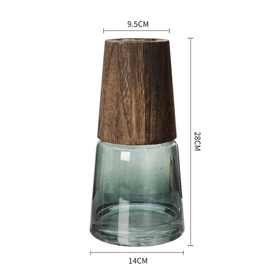 日式桐木塔形玻璃花瓶尺寸标注图，显示高度28cm，底部直径14cm，顶部开口9.5cm。
