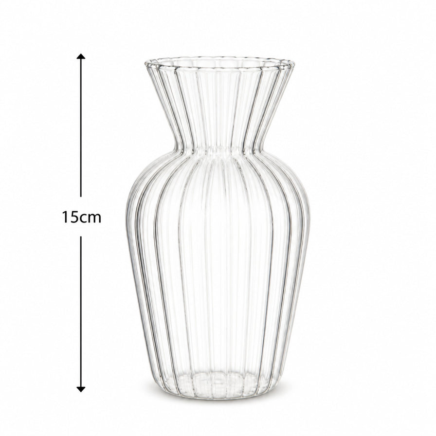 日式圆肚条纹玻璃花瓶的尺寸标注图，显示高度为15cm。