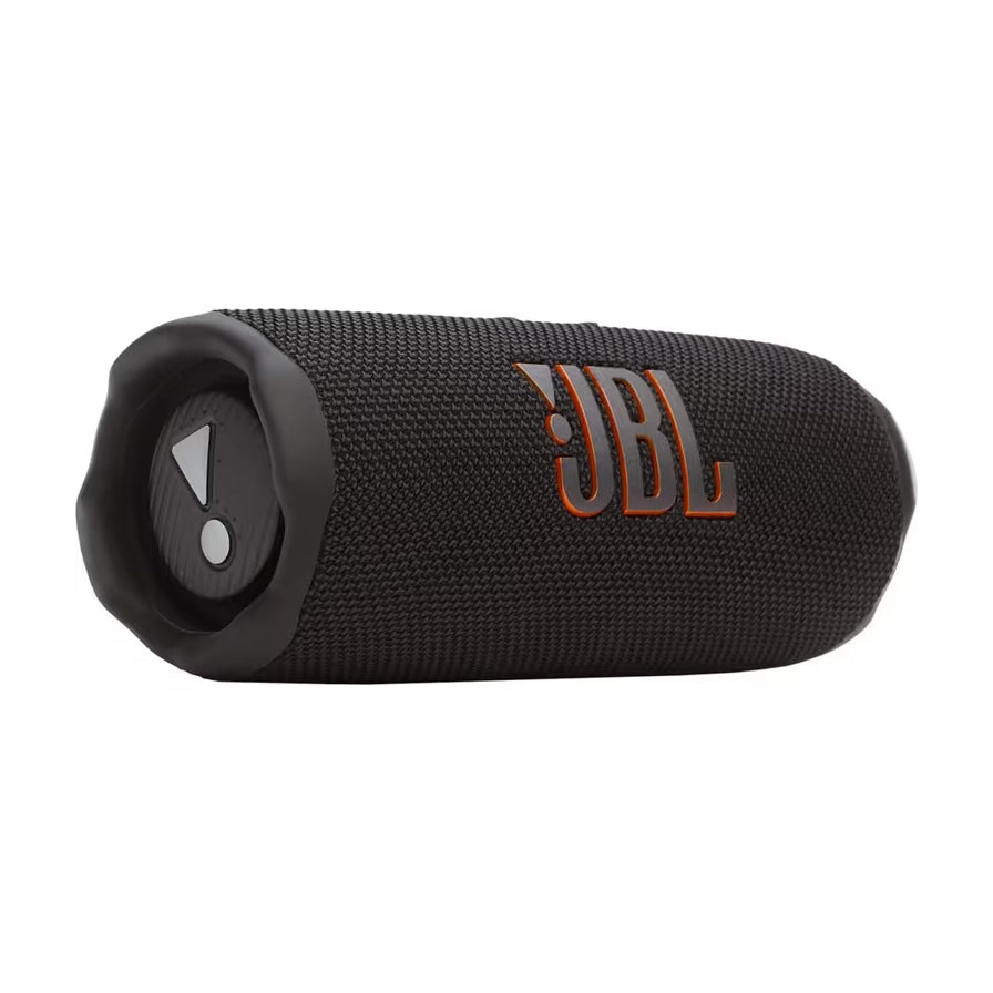 JBL 黑色便携式蓝牙音箱，采用圆柱形织物外壳设计，侧面带有橙色边框的 JBL 标志。