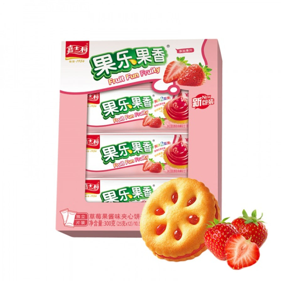 嘉士利果乐果香草莓味果酱夹心饼干，粉色包装盒，内含独立小包装，展示有新鲜草莓图案和夹心饼干细节。