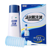 洁尔阴洗液300ml瓶装与包装盒，前方配有蓝色透明的专用阴道冲洗器，展示产品外观与配件。