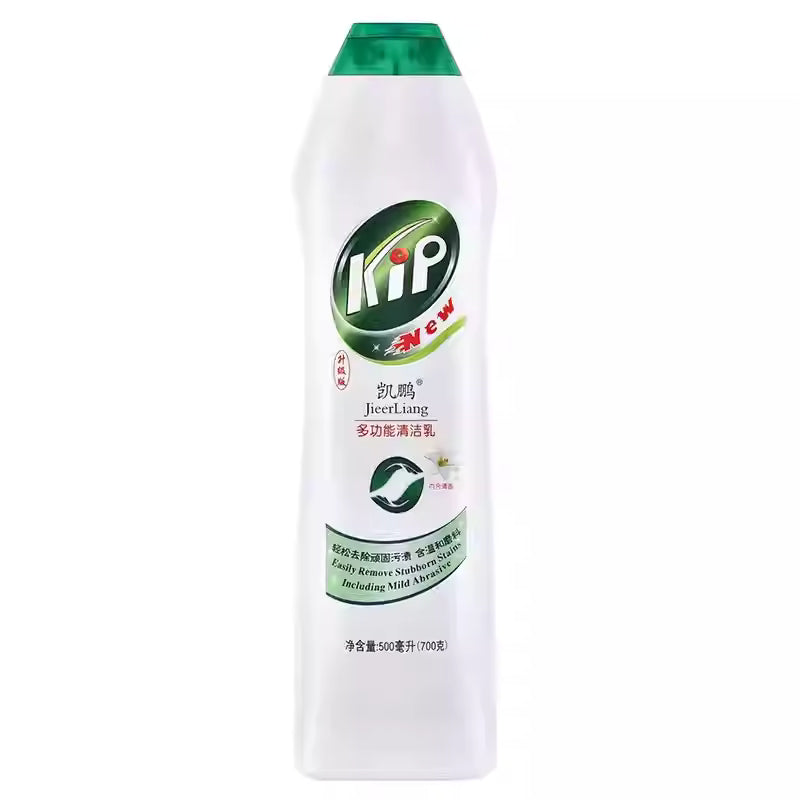 Jif 凯鹏多用途清洁乳瓶身正面图，展示柠檬或百合香型标签及微晶磨砂质地说明