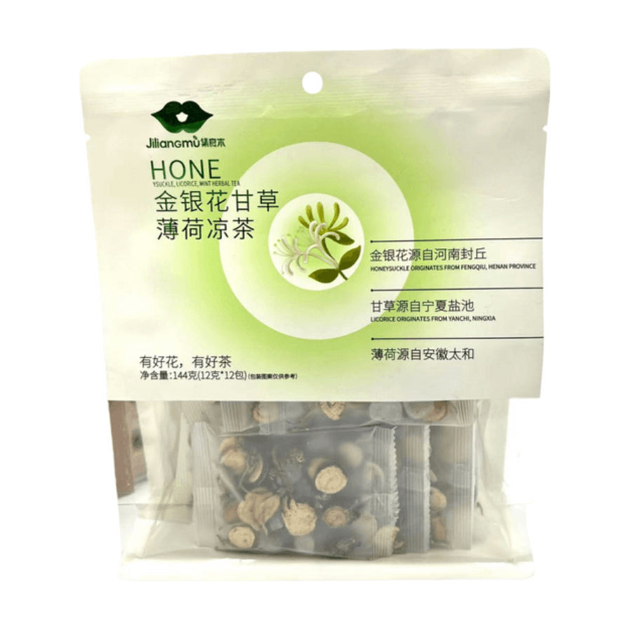 集良木金银花甘草薄荷凉茶包装正面，白色自立袋装，下半部分透明可见内部独立茶包，包装印有金银花插画及产地信息。
