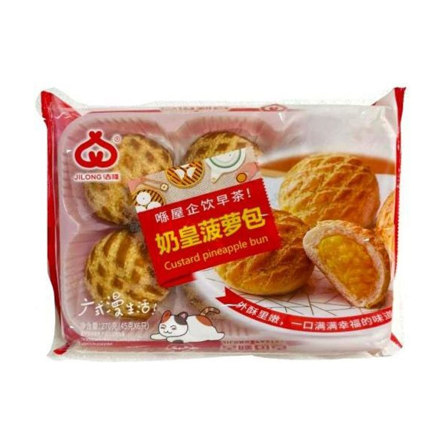 佶隆奶皇菠萝包包装正面图，透明包装内可见金黄酥脆的菠萝包，包装印有奶皇菠萝包字样及产品展示图。