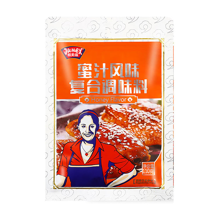 极美滋蜜汁风味腌料包装袋正面，红色包装设计展示产品名称与风味标识。