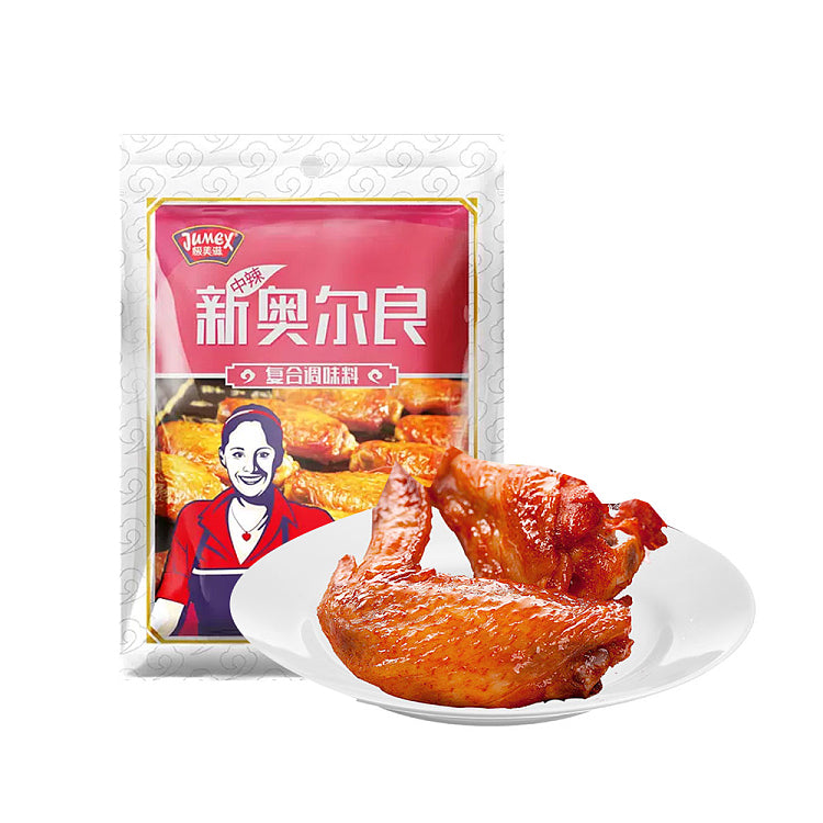 极美滋中辣风味腌料包装袋正面，橙色系包装突出中辣风味特点。
