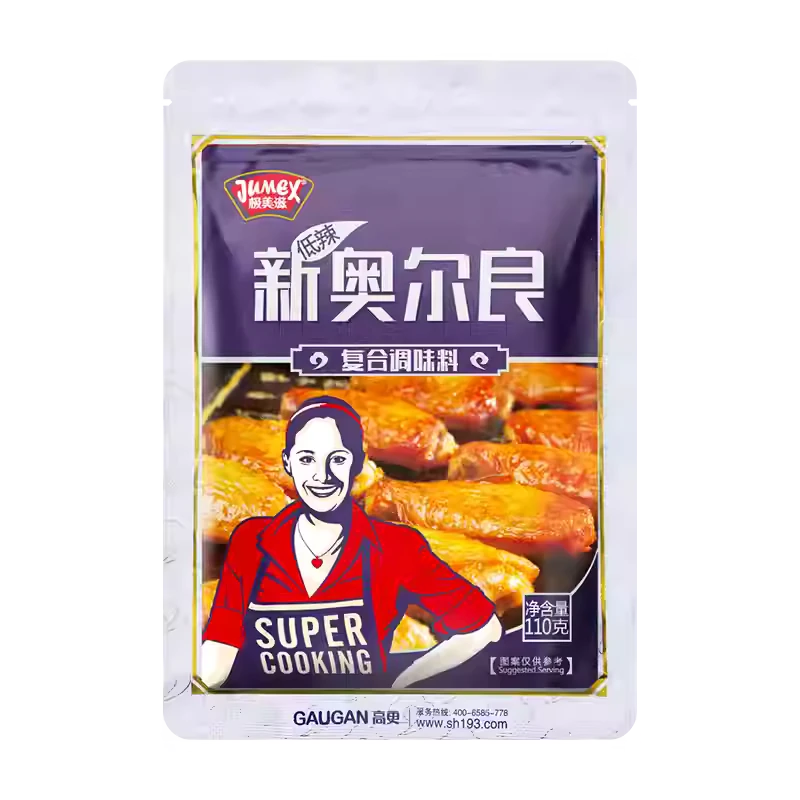 极美滋低辣风味腌料包装袋正面，清晰展示品牌 Logo 与低辣口味说明。