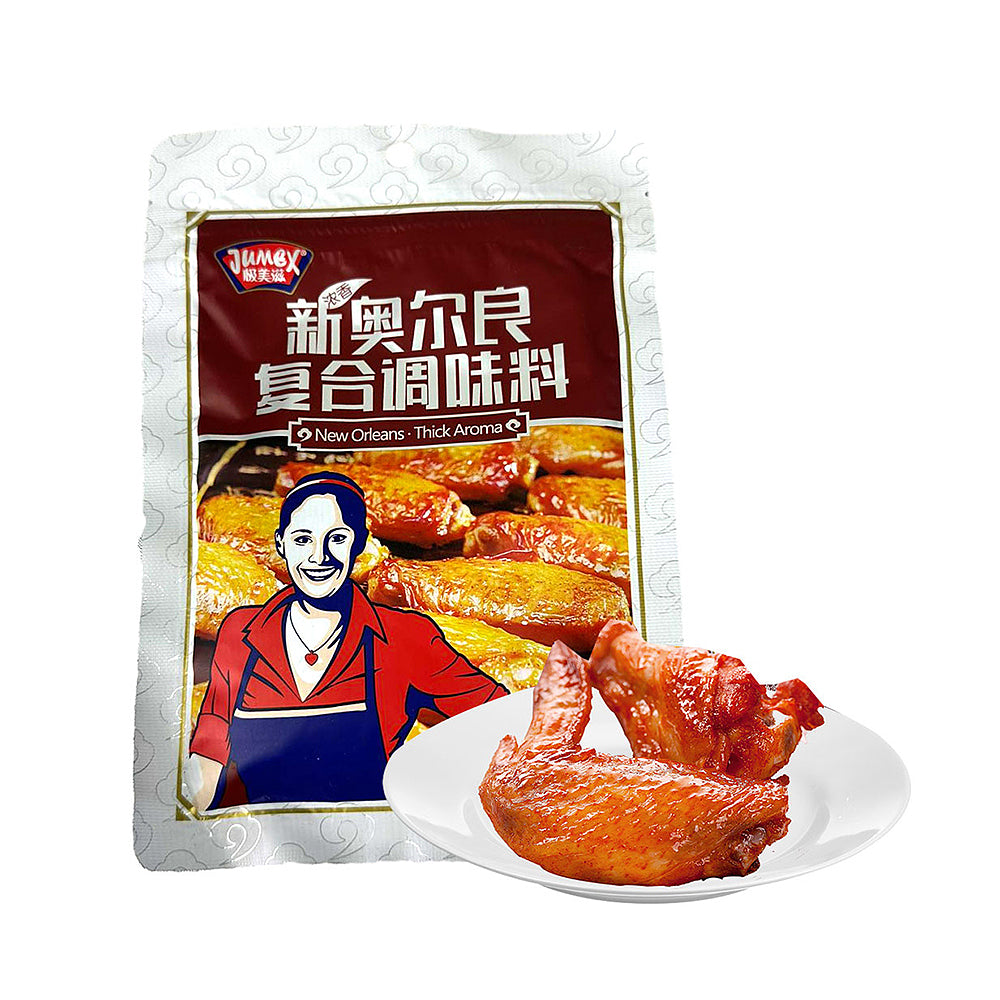 极美滋新奥尔良经典风味腌料包装袋正面，展示标准配方与产品净含量。