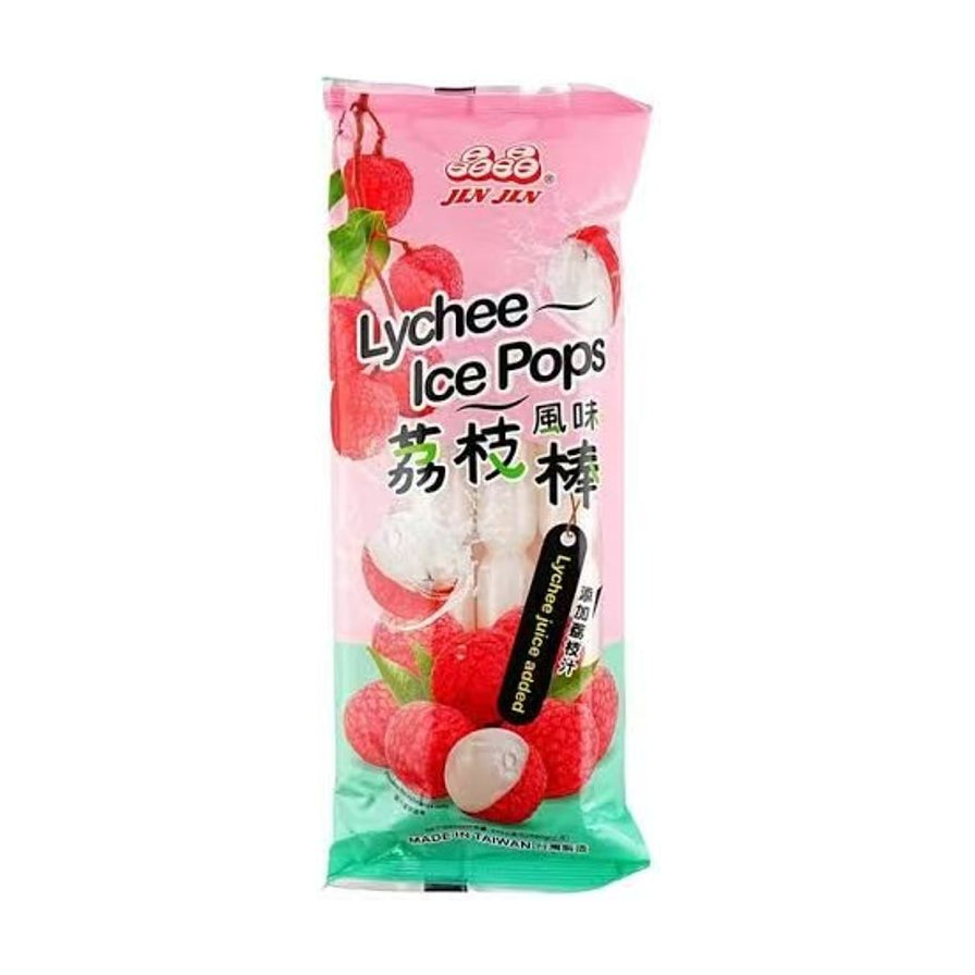 台湾晶晶荔枝风味碎碎冰包装正面图，粉色包装印有新鲜荔枝图案