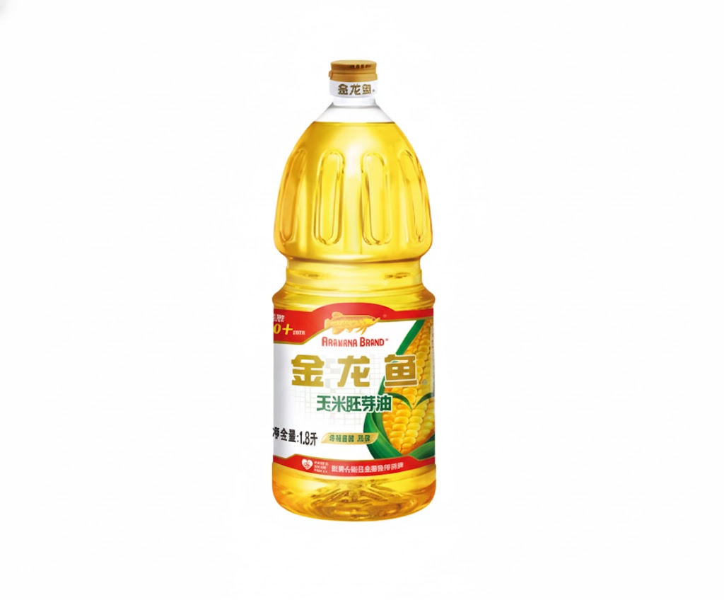 金龙鱼玉米胚芽油 1.8L 瓶装正面图，透明瓶身展示清亮油体与红色品牌标签