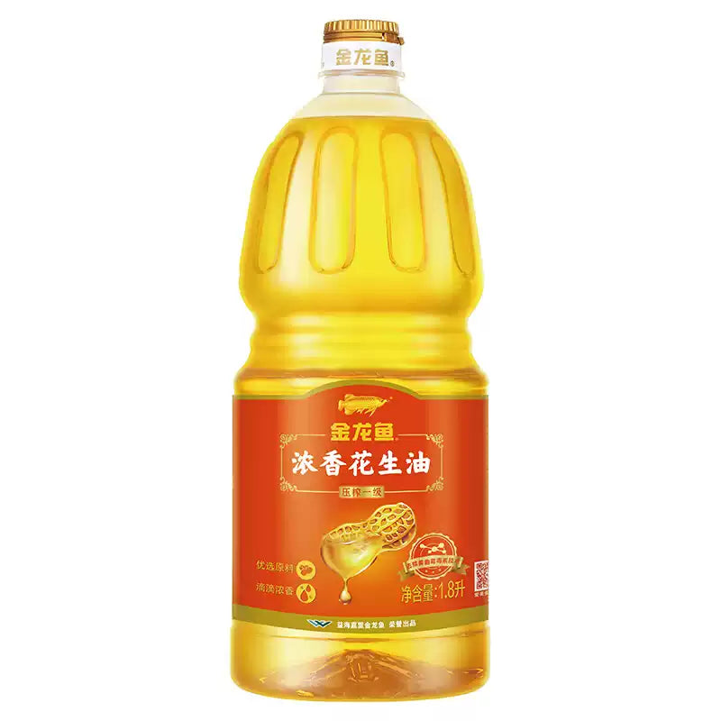 金龙鱼浓香花生油 1.8L 瓶装正面图，透明瓶身展示金黄色油体与红色品牌标签