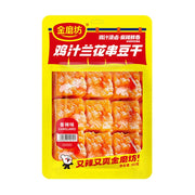 金磨坊鸡汁兰花串豆干香辣味包装正面图，黄色包装袋，展示内部切花工艺的豆干，标有鸡汁浸卤、麻辣鲜香字样。