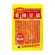 金磨坊香辣豆筋包装正面图，黄色包装袋内透出整齐排列的红油豆筋，标有香辣味及净含量90克。