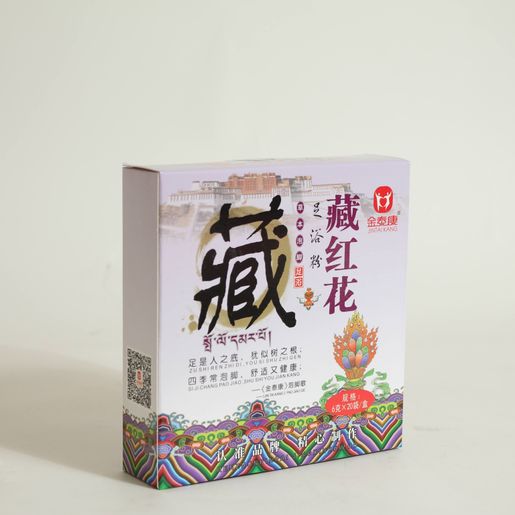 金泰康藏红花足浴粉包装盒侧面展示，可见二维码及部分包装细节。