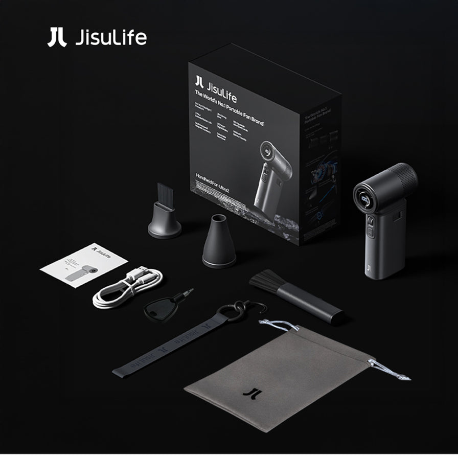 几素 JisuLife Ultra2 E 手持风扇全家福配件图，包含黑色包装盒、风扇主体、充电线、挂绳、收纳袋、清洁刷及不同规格的集风嘴配件。