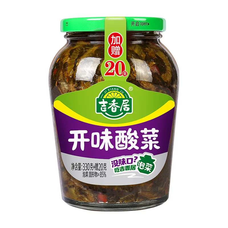 吉香居开味酸菜 350g 瓶装正面图，展示四川风味酱菜包装