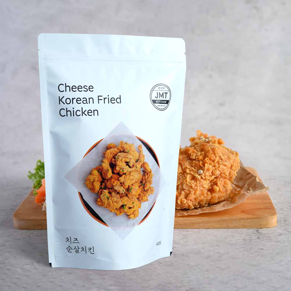 JMT 韩国芝士无骨炸鸡 400g 冷冻包装袋正面图，展示浓郁芝士风味半成品炸鸡
